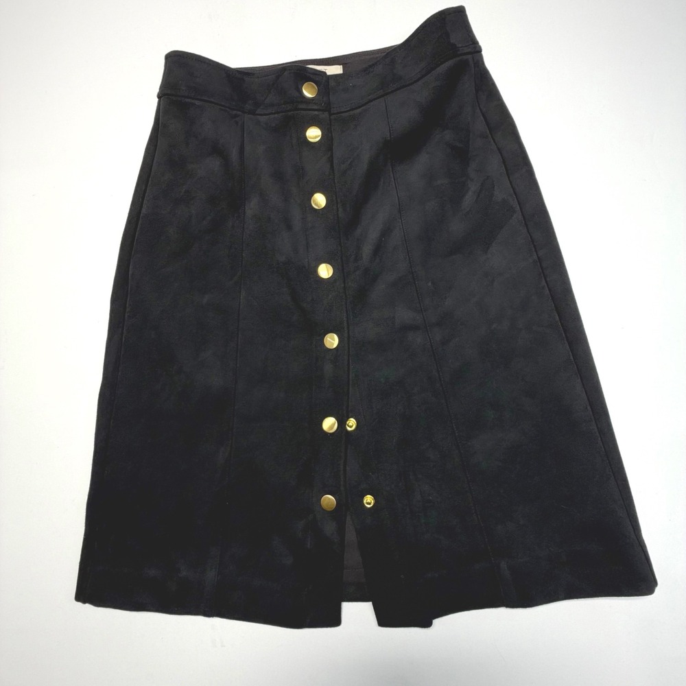 LOFT Petites Faux Suede Snap Front A-Line Skirt Black Women's 0P‎